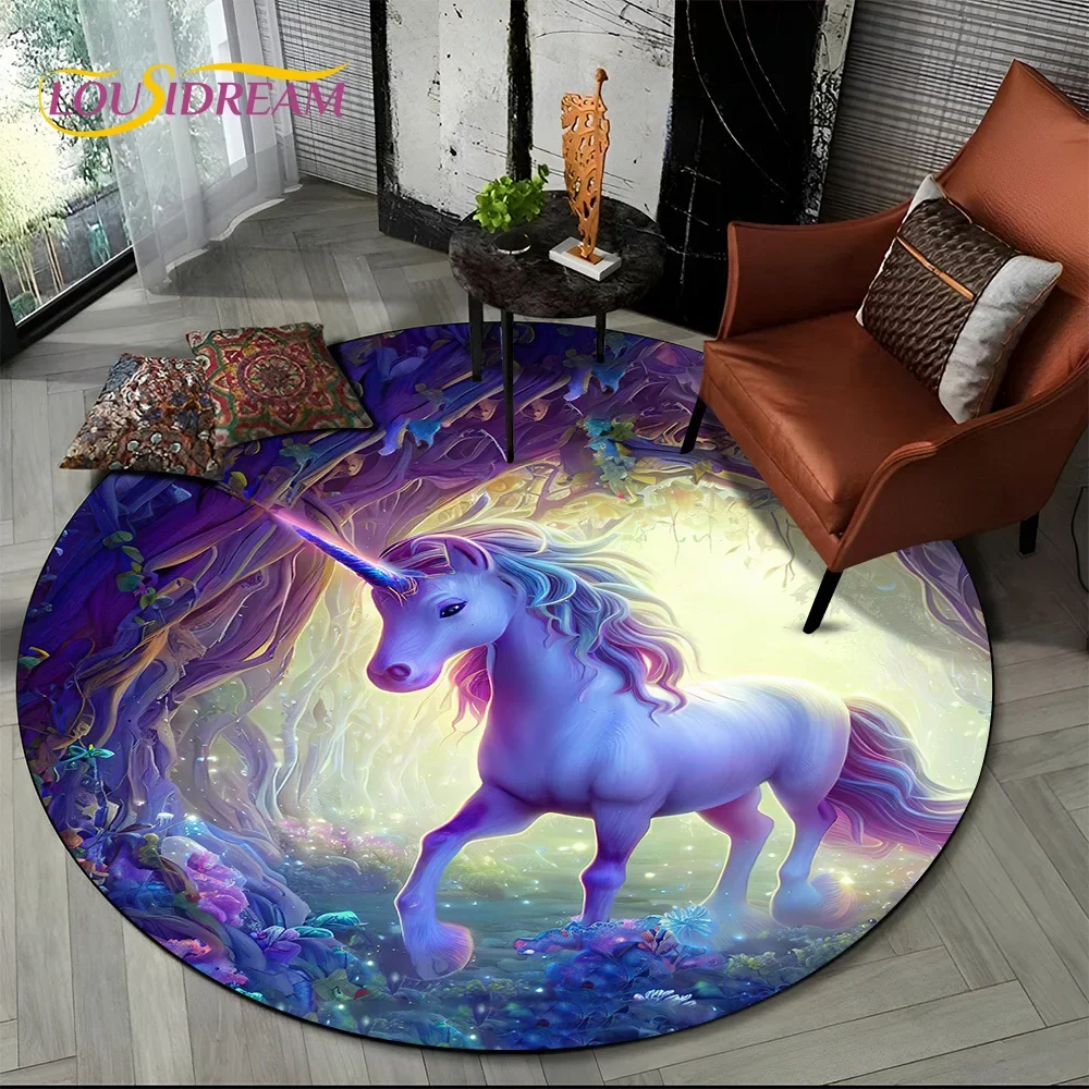 3D Cute Dream Unicorn Cartoon Girl Round Carpet Rug for Living Room Bedroom Sofa Decor,Kids Pet Area Rug Non-slip Floor Mat Gift