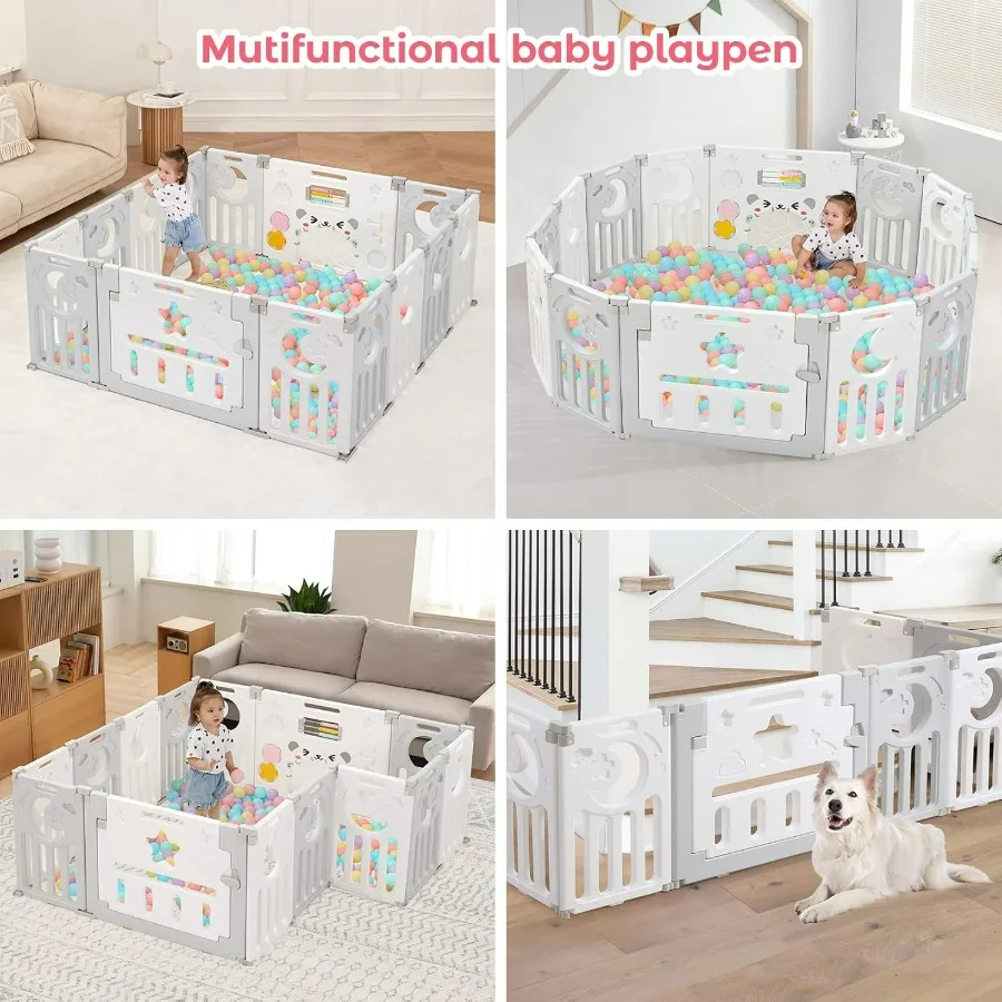Box per bambini pieghevole con design regolabile a 14 pannelli per uso interno ed esterno Recinzione di sicurezza portatile per bambini Grigio Bianco Gioca A