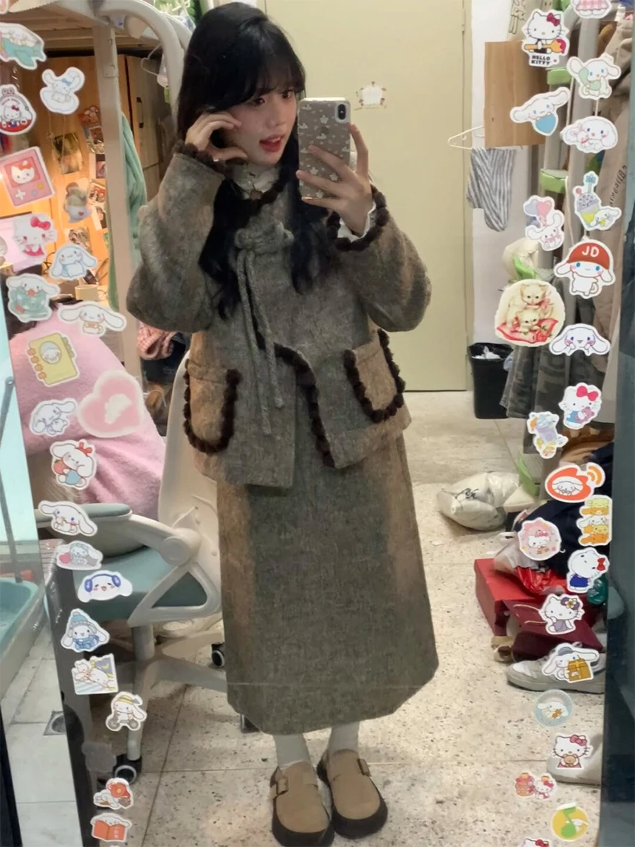 

Ретро-комплект женской одежды: осенне-зимний новый стиль, твидовый жакет с вставками и юбка с завышенной талией, комплект из двух предметов