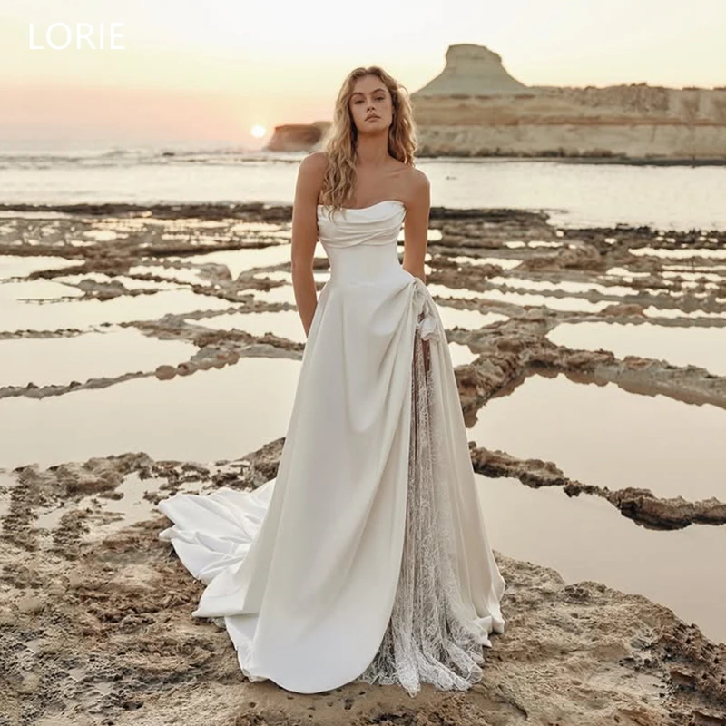 

LORIE Exquisite Satin Wedding Dresses Pleats Strapless Sleeveless Bride Prom Gown A-Line Side Slit Lace Bridal Gowns Customized