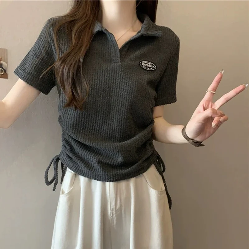 New Women Sweet Spicy Style Short Sleeved T-shirts Lady Korean Slim Fit Tie Up Tops Female Leisure Turndown Collar Crop Clothes