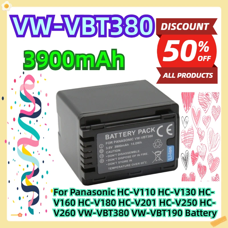 

For Panasonic HC-V110 HC-V130 HC-V160 HC-V180 HC-V201 HC-V250 HC-V260 VW-VBT380 VW-VBT190 Battery 3900mAh