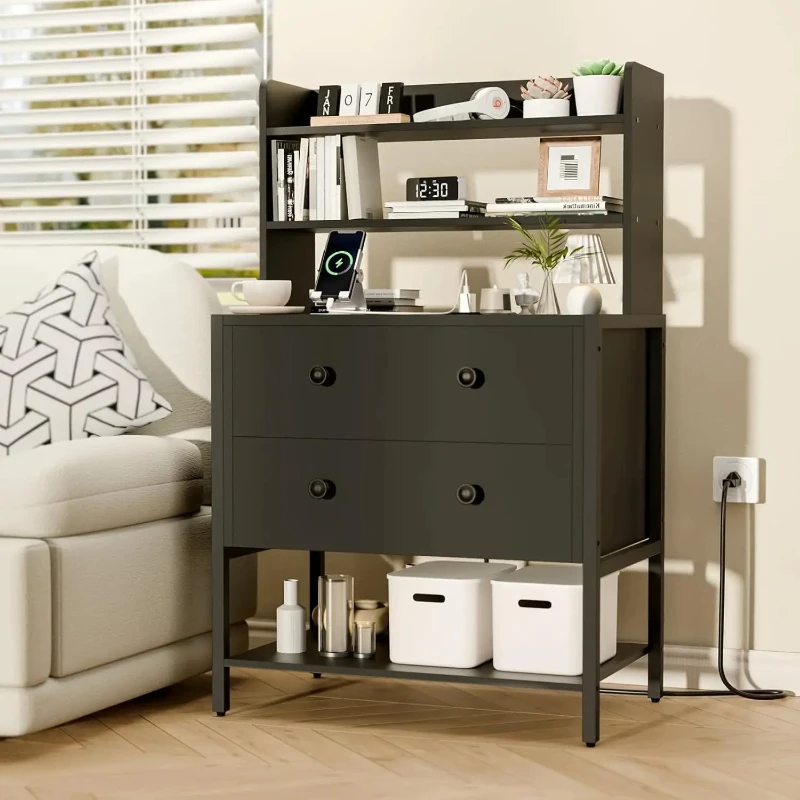 

24' Black Wooden Night Stand with 2 Drawers, 4-Tier Shelves & Charging Station