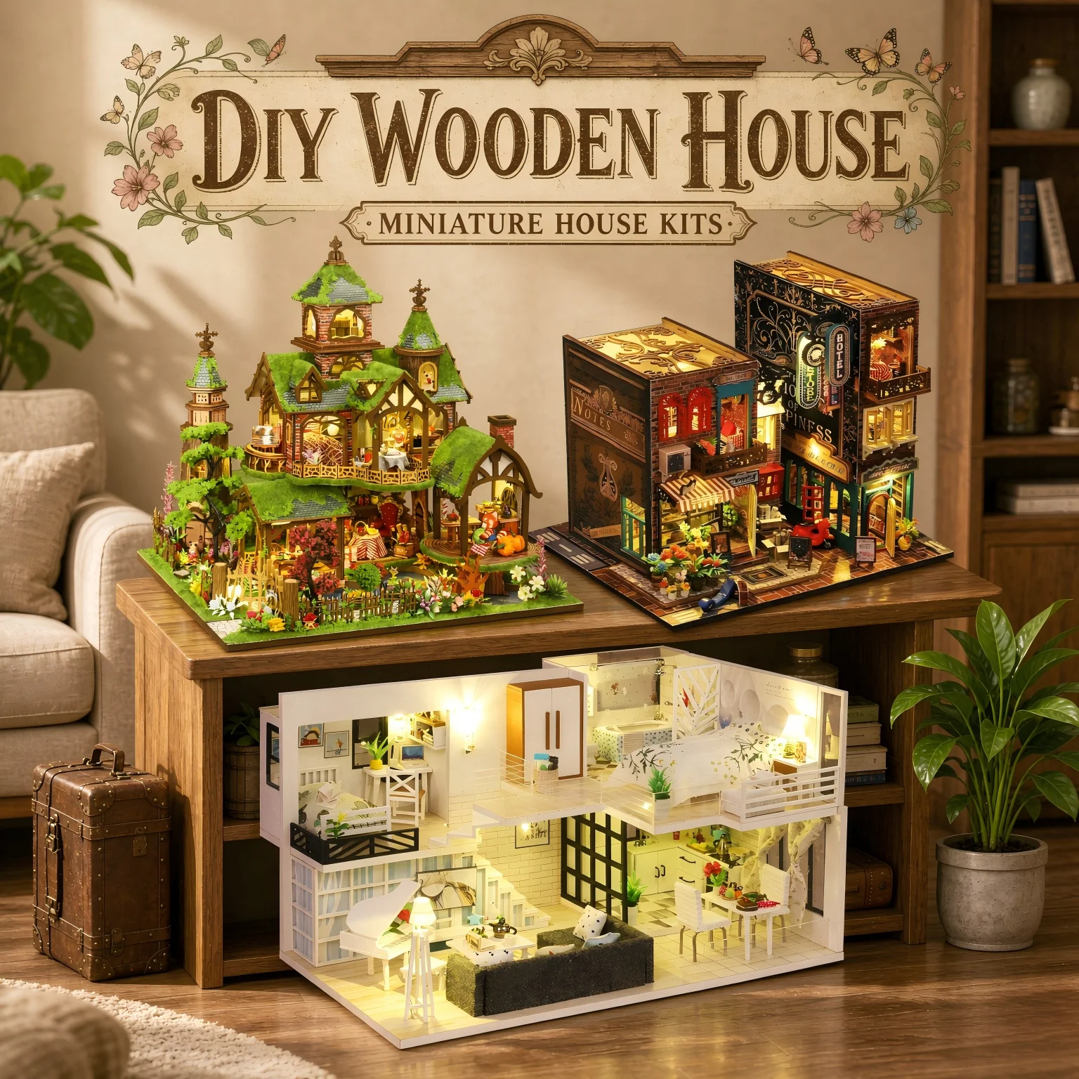 DIY Wooden Art House Forest Cabin Villa Building Block Set Handmade Assembly Mini House Toy Desktop Decor Holiday Gift for Adult