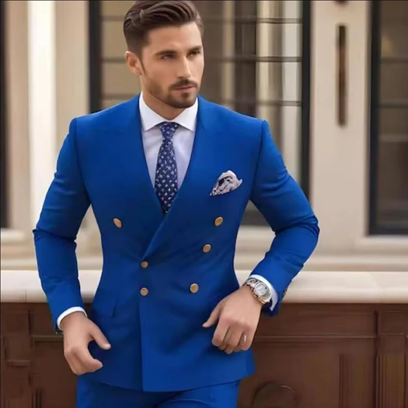 

New Classic Royal Blue Men Suits Double Breasted Peaked Lapel Regular Length 2 Piece Jacket Pants Set Outfits Male Clothing 2025