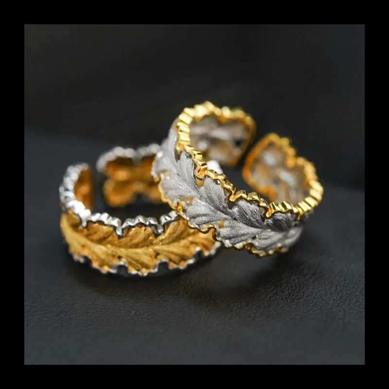 

Italian Buchi Home Textile Carving Gold Craft Phnom Penh Ginkgo Biloba Hollow Open Index Finger Ring Vintage Brushed Rin