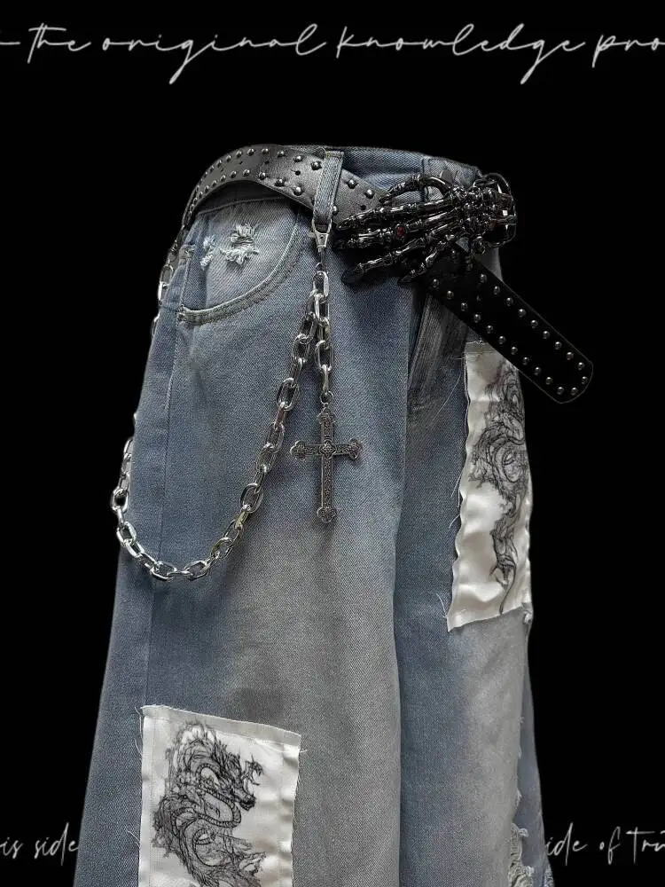 Vaqueros góticos punk unisex japonés vintage pantalones cortos de pierna ancha estilo Yamamoto apliques longitud denim con diseño