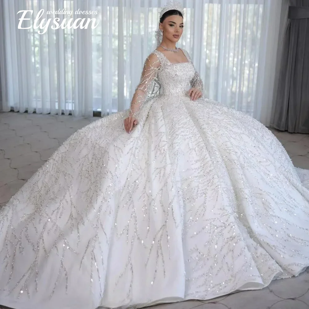 Robes de mariée perlées personnalisées, manches longues, encolure carrée, robe de mariée élégante pour femmes