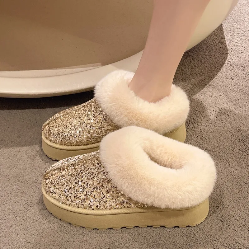 2026 Fashionable Sequin Decor Casual Thick Sole Women's Snow Boots Winter New Soft Soled Comfort Warm Wear Resistant Women Shoes