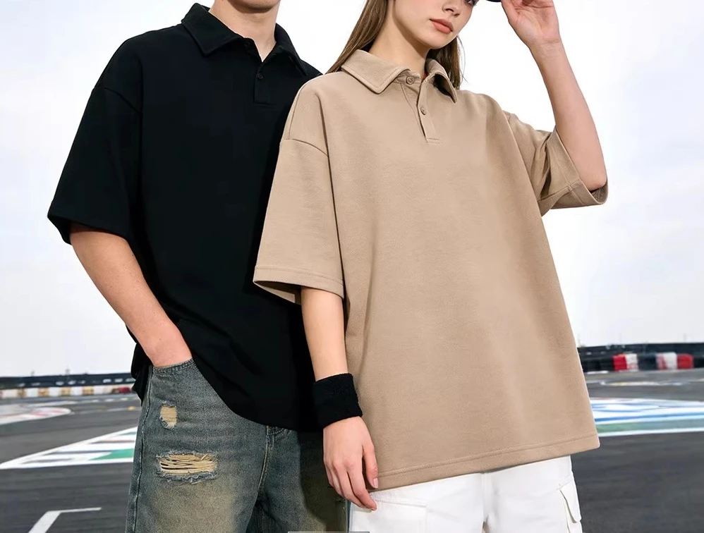 2026 Summer New 290g Heavy Lapel Polo Shirt Simple Split Shoulder Loose Short Sleeves