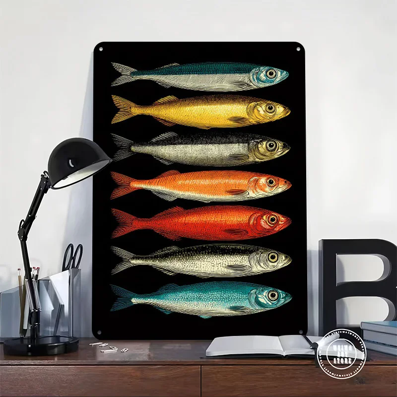Colorful Sardines Illustration on Black Background Personalized 3D Textured Metal Poster Wall Art Vintage Tin Signs for Decor