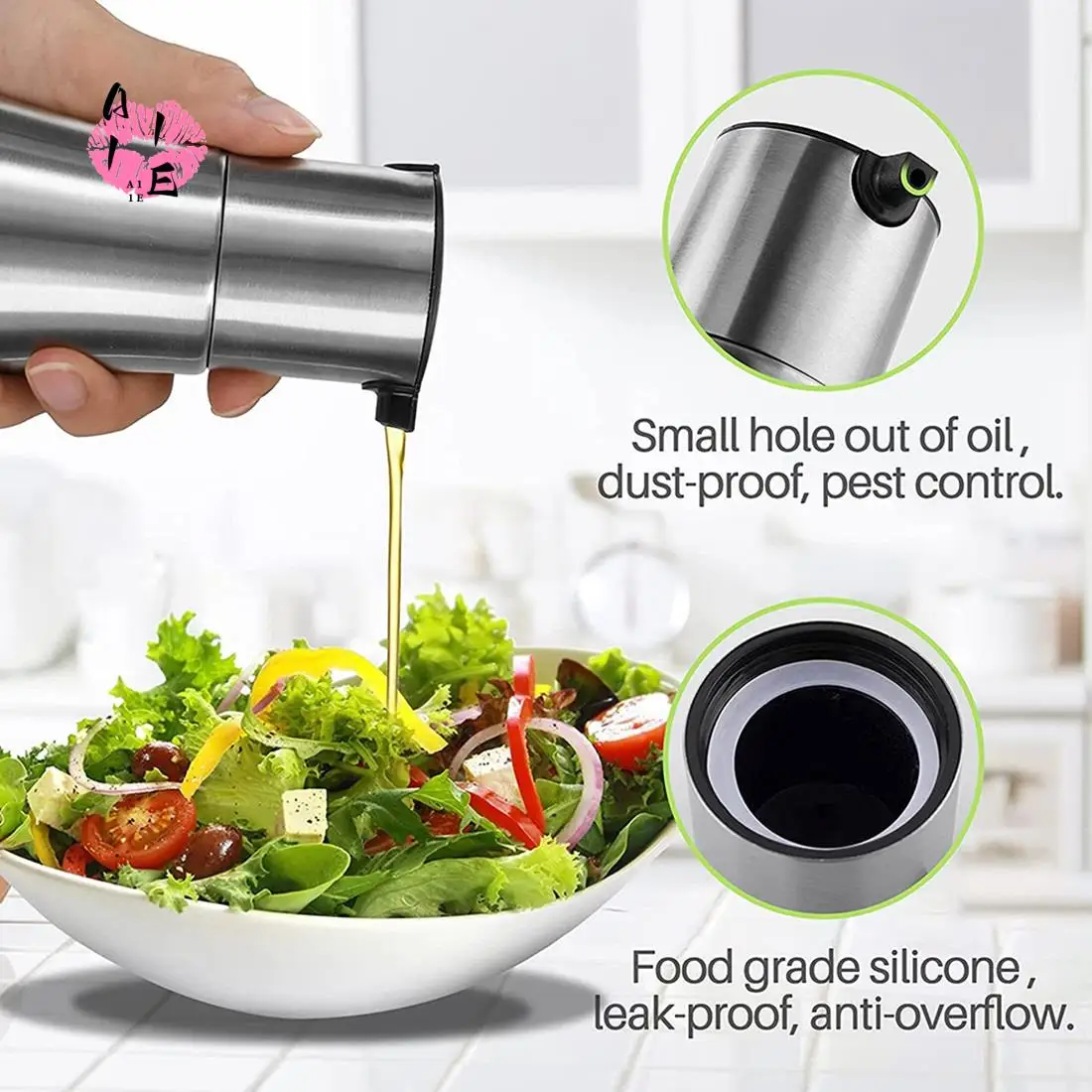 A11E-2Pcs Olive Oil Bottle Dispenser Set, Oil Dispenser Cruet Set, Stainless Steel Olive Oil Dispenser Elegant Glass Bottle