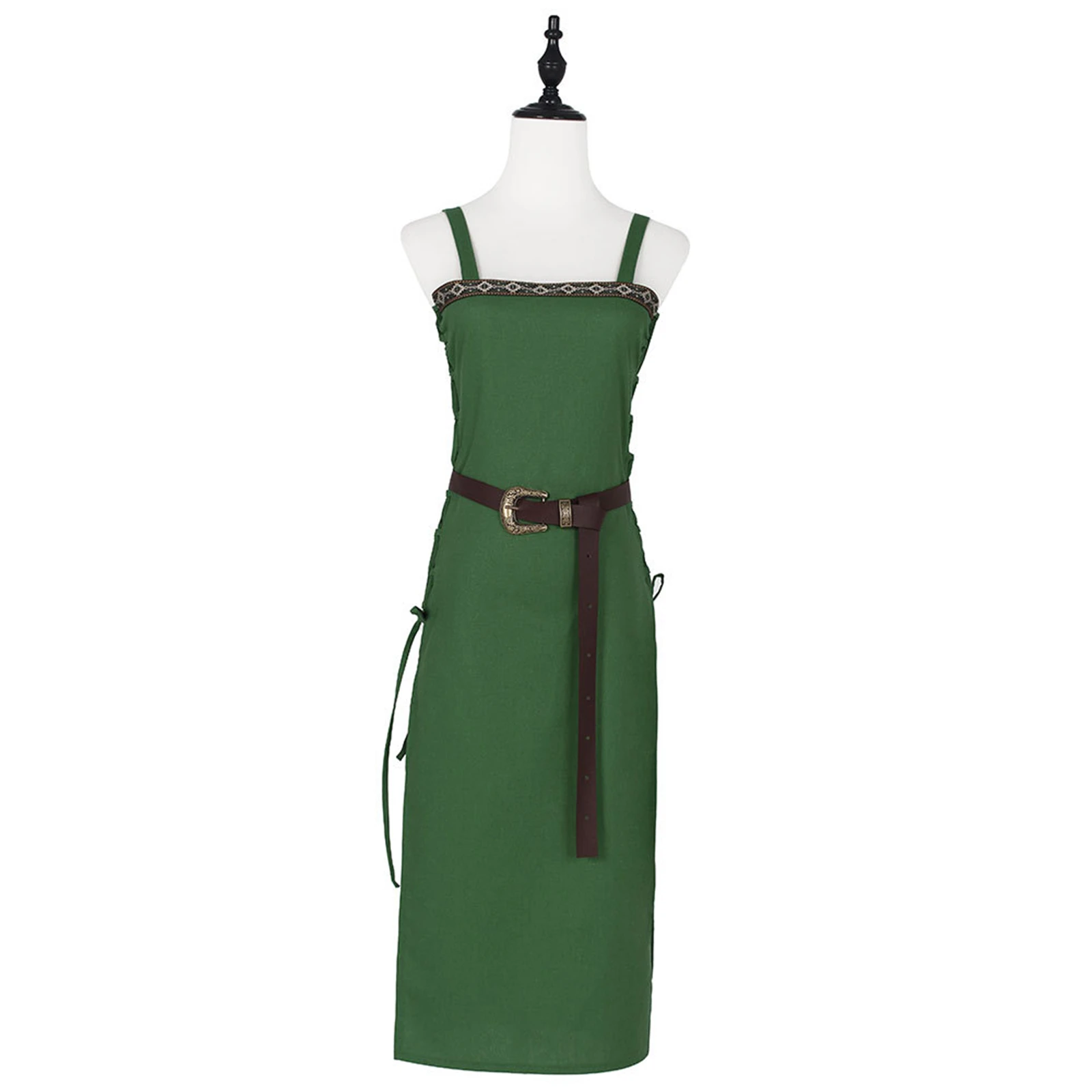

Women's Medieval Viking Strap Dress Renaissance Peasant Apron Skirt Belt Relief Belt Halloween Retro Green Lace up Costume
