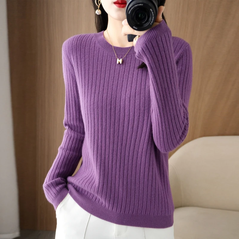 2026 Damen-Pullover Herbst Winter Langarm-Pullovers mit O-Ausschnitt, gestreift, warm, koreanische Mode, als Unterhemd tragbar, lockerer Jumper – Detail 12