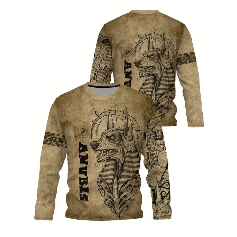 3D Printed Casual Long Sleeve Men's T Shirt 2026 Anubis Pattern Crew Neck Stretch Fabric Spring Autumn Fashion Streetwear Top