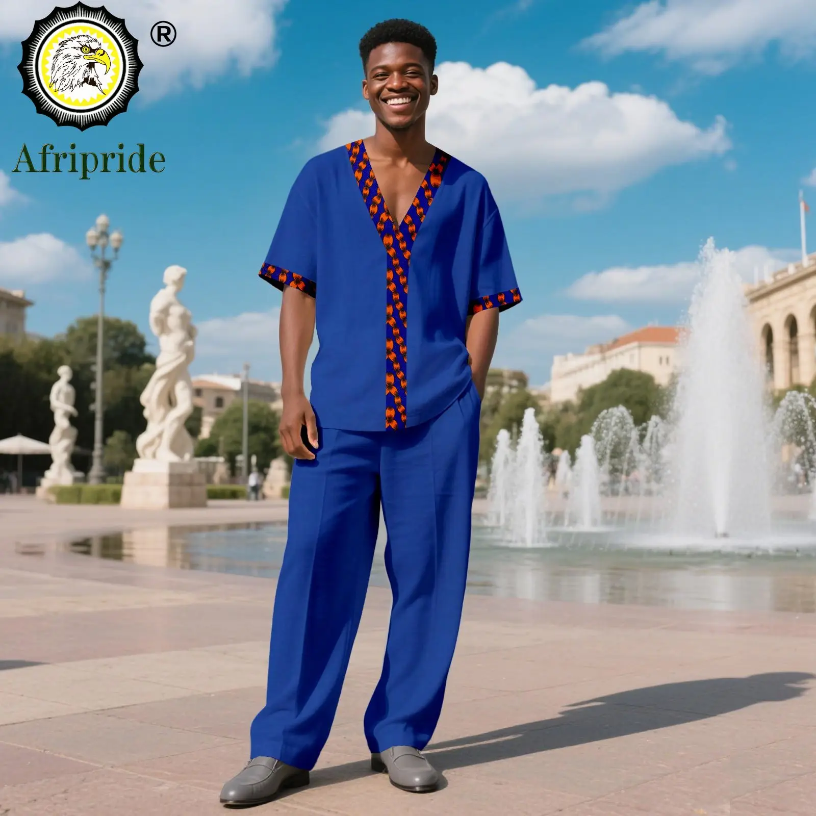 African Suits for Men Tracksuit Short Sleeve V-neck Print Tops and Pants Set Plus Size Casual Outfits Ankara Attire 2516069