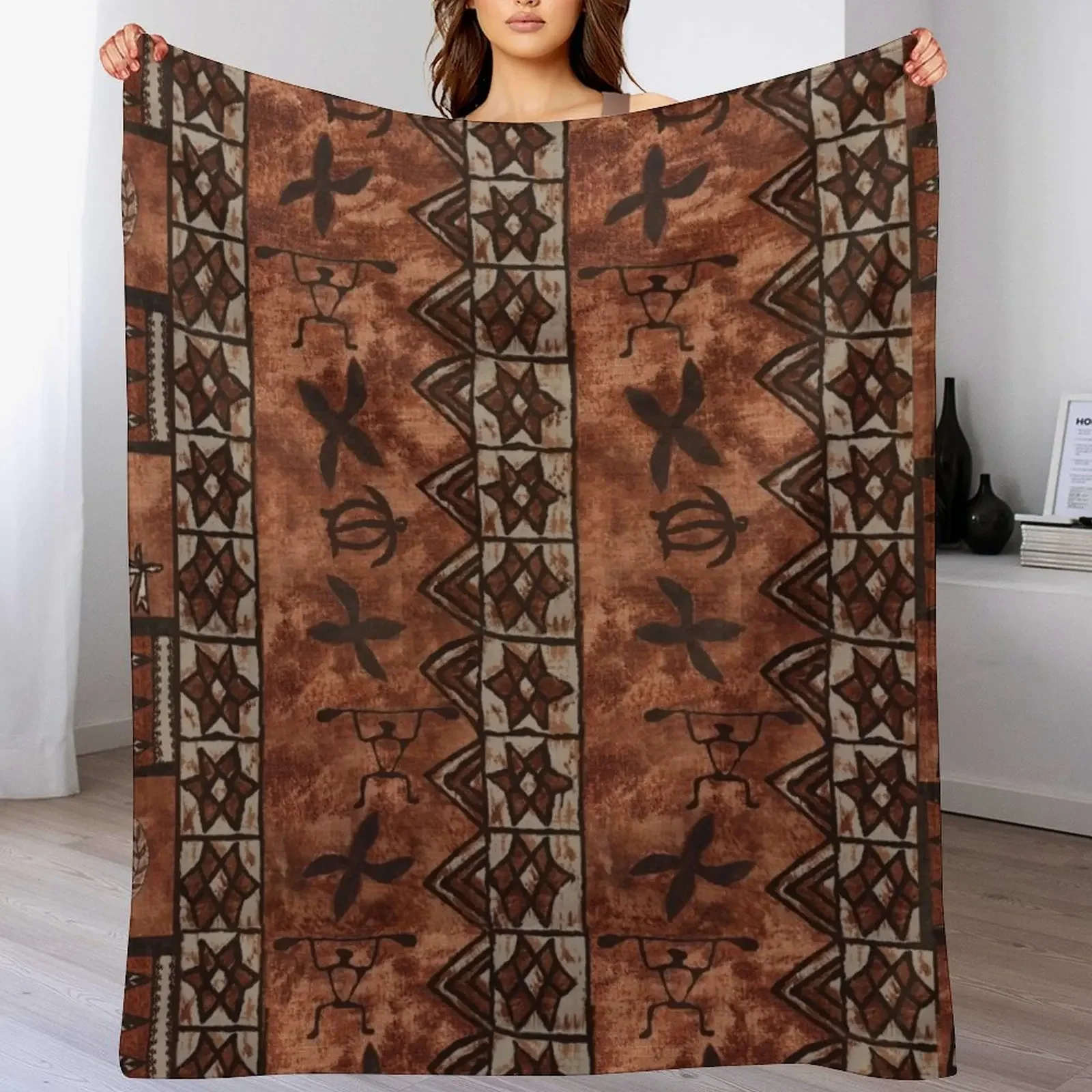 Vintage Hawaiian Tapa Traditional Mulberry Throw Blanket All Season Lightweight Soft Blanket for Bed
