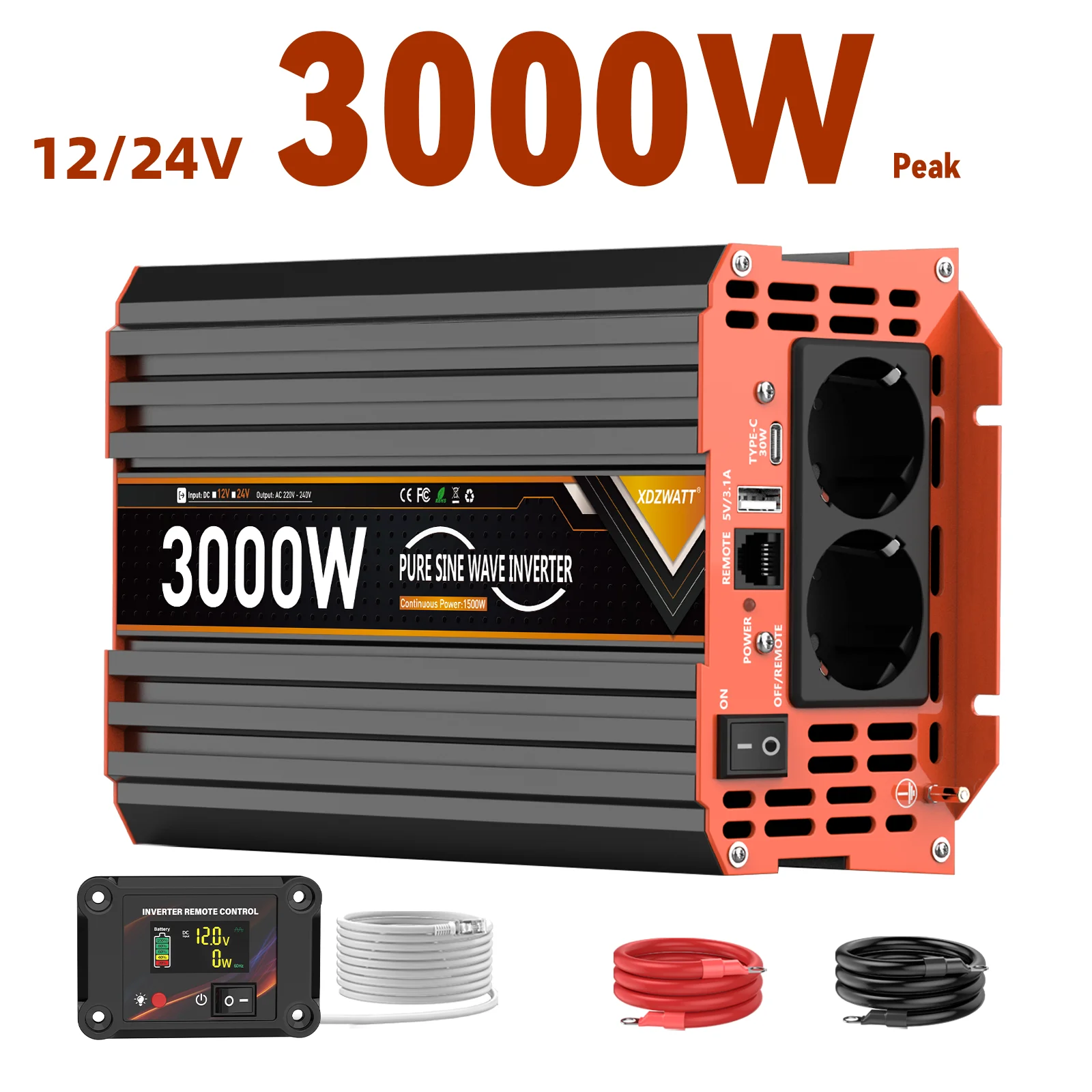 3000W 1500W Potenza Continua Onda Sinusoidale Pura Inverter DC 12V 24V a AC 230V Display LCD USB-C Auto Voltmetro Convertitore trasformatore