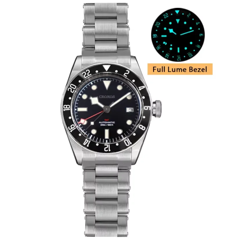 CRONOS Men Automatic Watch 41mm GMT Mechanical Wristwatch BGW-9 Luminous 20ATM Waterproof Sapphire Mirror Ceramic Bezel NH34