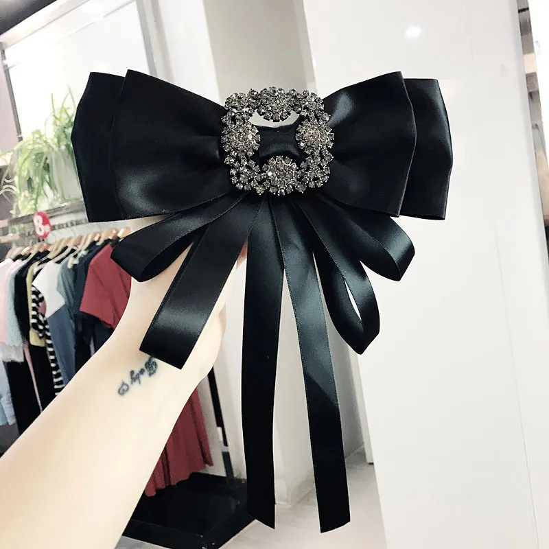 Crystal Big Bow Tie Pins Korean Women's Suit College Style Uniform Shirts Collars Flower Handmade Ribbon Bowtie Gift for Women