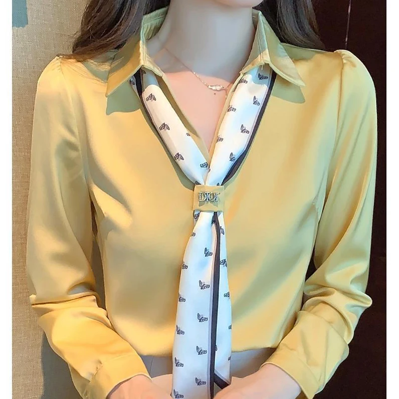 Autumn New Elegant Fashion Commuter Office Lady Chic Minimalist Shirt Women Necktie Turn Down Collar Solid Color Long Sleeve Top