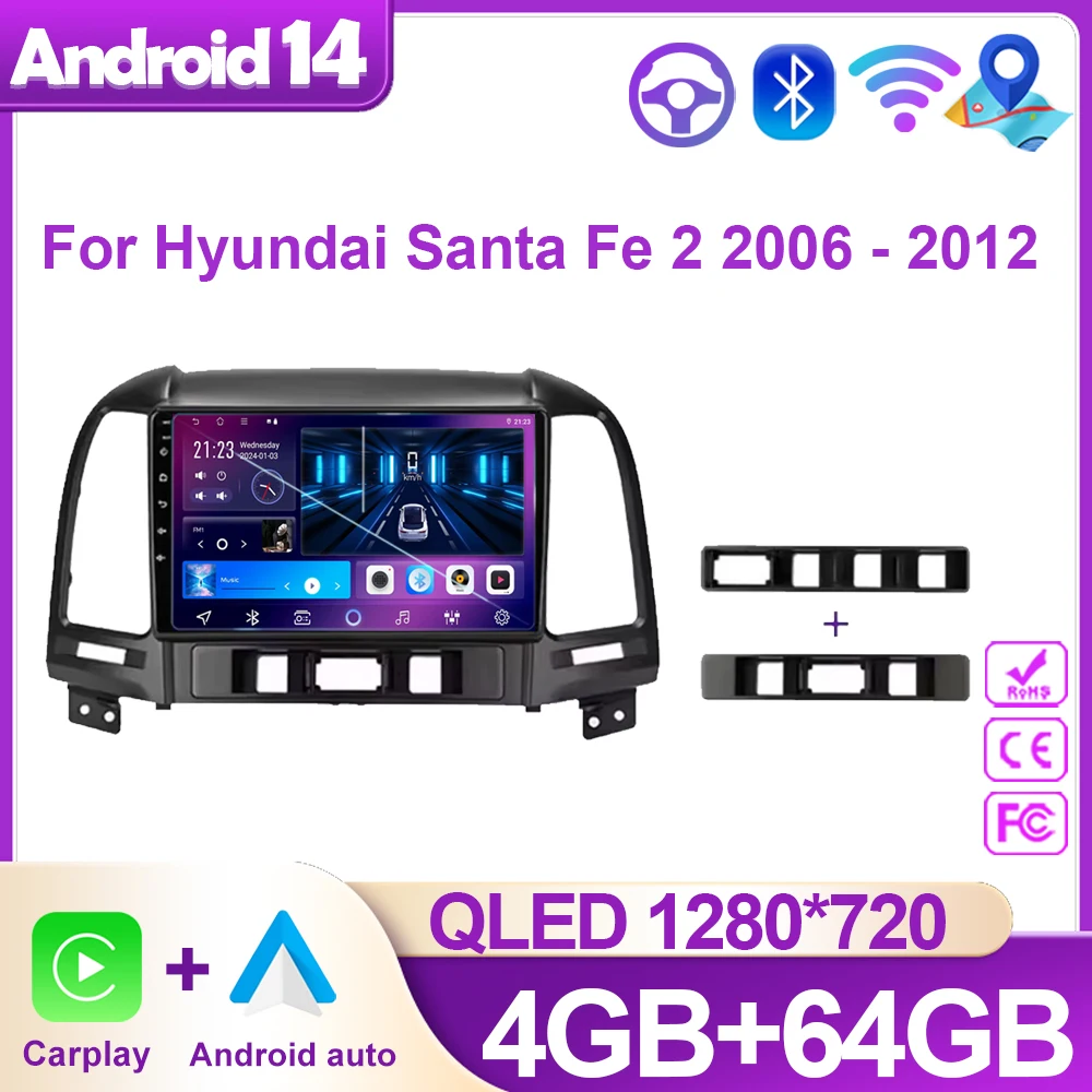 

Автомагнитола на Android 14, мультимедийный видеоплеер, навигация GPS для Hyundai Santa Fe 2 2006-2012, Wi-Fi, 4G, головное устройство Carplay Auto BT