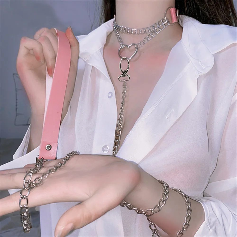 Pink Choker Collar Punk Chain PU Leather Neck Bondage Body Cosplay Goth Jewelry Women Gothic Necklace Harajuku Accessories Belt