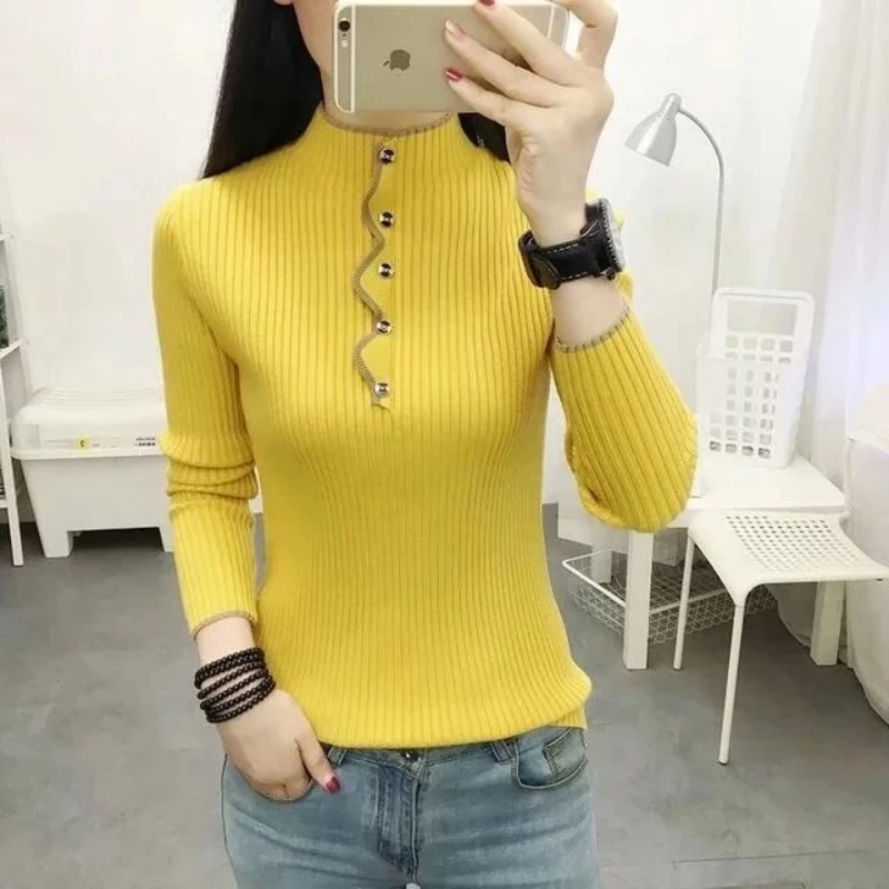 Slim Long Sleeve Simplicity Vintage Sweaters Autumn Winter Solid All-match Casual Pullovers Top Fashion Elegant Women Clothing