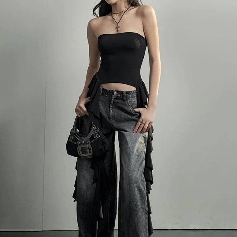 2026Summer sexy hot girl women's clothing: strapless, navel-revealing, ruffled, sweet and cool outfit top, small tank top