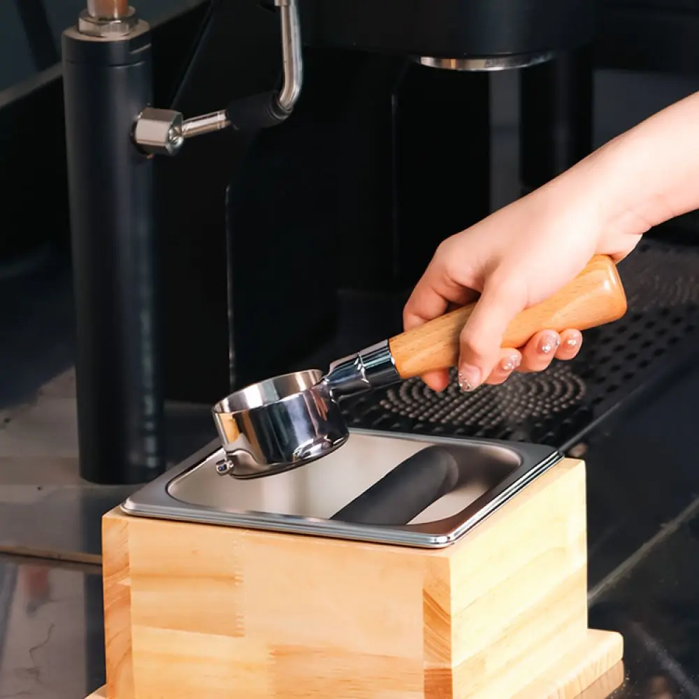 Rustic Style Coffee Knock Box Stainless Steel Wood Base Anti Slip Espresso Grounds Container For Kitchen Cafe Use