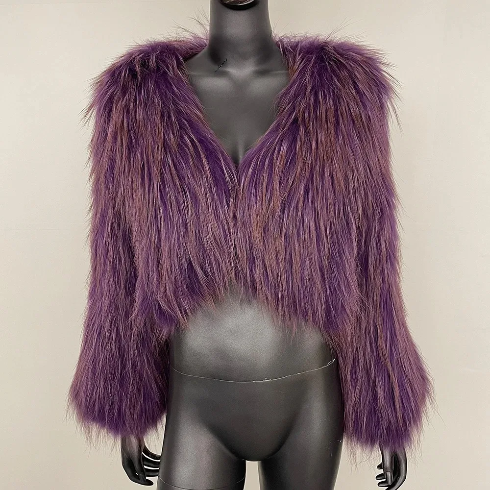 Chaqueta de piel de mapache Natural con cuello en V cálido 2025 Otoño Invierno nuevo abrigo de piel grueso de doble cara para mujer corta europea