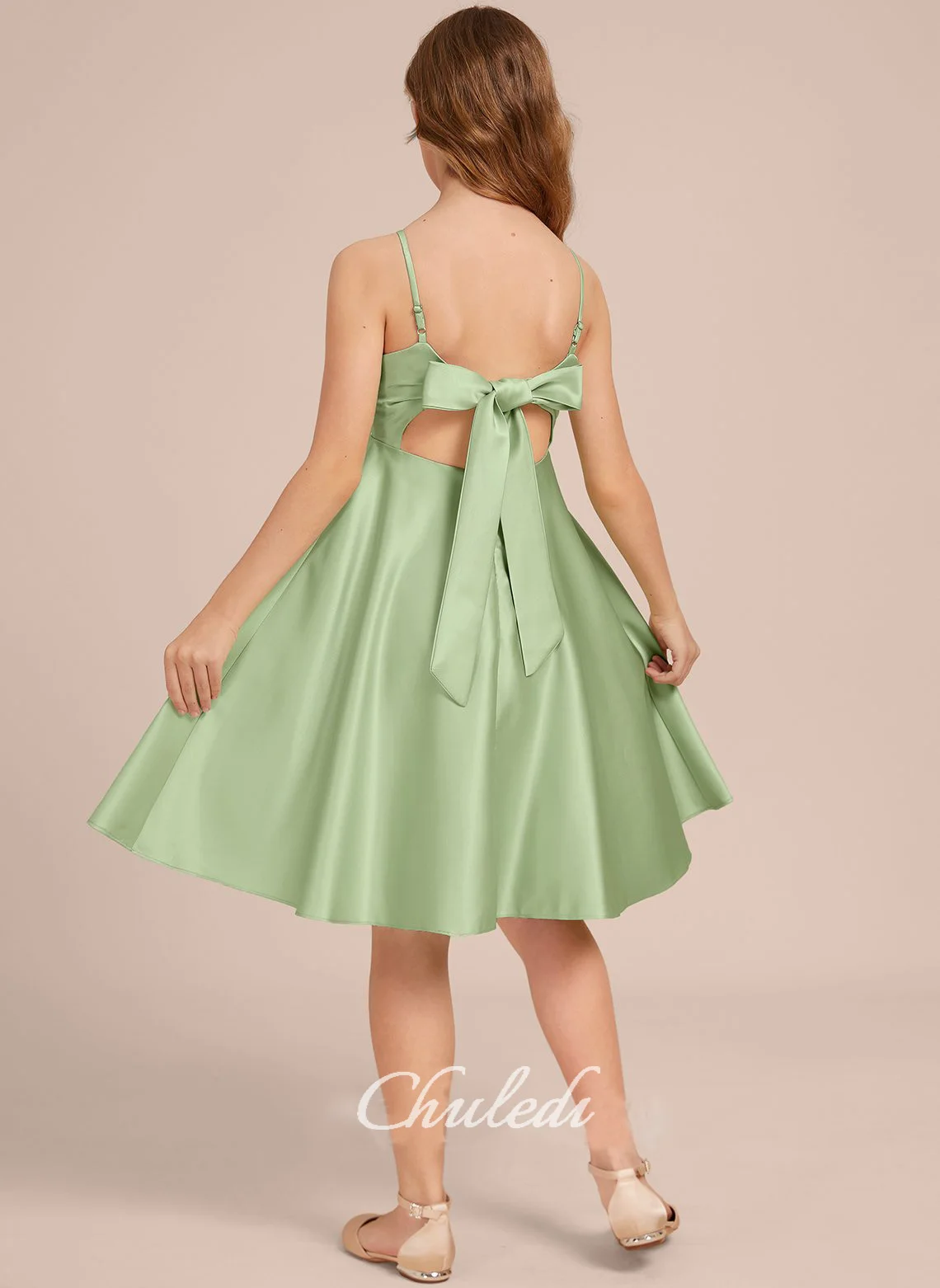 A-line Square Knee-Length Satin Junior Bridesmaid Dress Suspender style with backless bow decoration