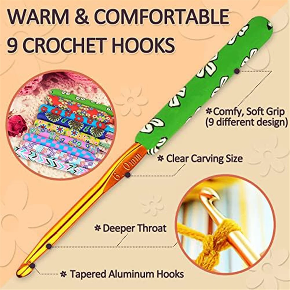 Warm Crochet Hooks for Grandmother, Art Aluminum Soft Grip Crochet Needles for Crocheting, for Crochet Yarn Craft