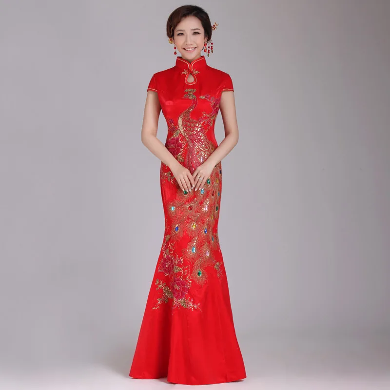 capodanno cinese vestiti delle donne abito lungo rosso cinese coda di sirena abito da sposa festa cheongsam qipao sposa plus size intrattenimento musiche e canzoni