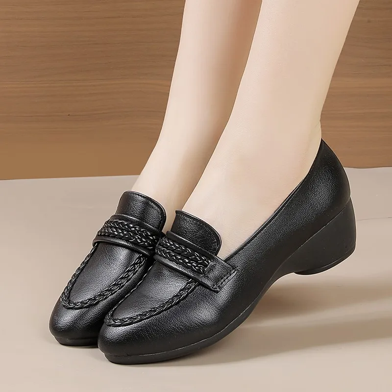 Mocasines de Cuña para Mujer Zapatos de Cuero Sintético con Trenzado Vintage Elegantes Salones de Punta Redonda Calzado de Trabajo para Oficina Moda Retro Francesa Mocasines Casuales Cómodos sin Cordones para Dama