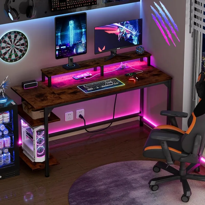 Computer Desk with Charging Station and LED Lights, 55