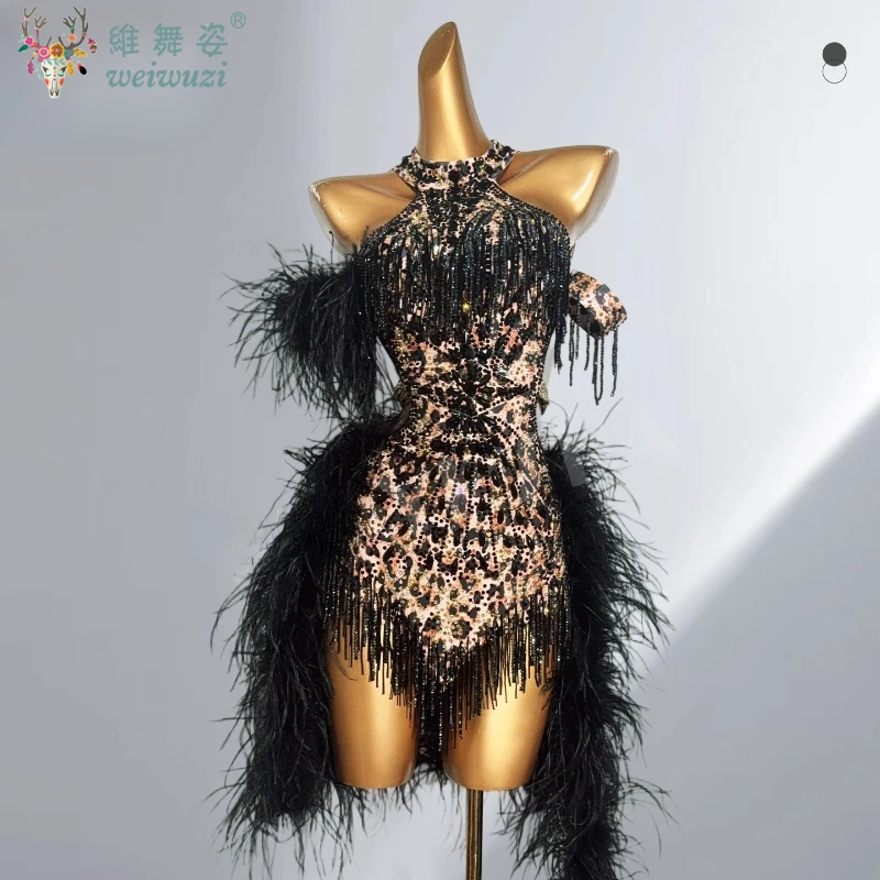 

Latin Dance Competition Clothing Customization High-end Leopard Print Feather Dresses Tango ChaCha Samba Performance Costumes