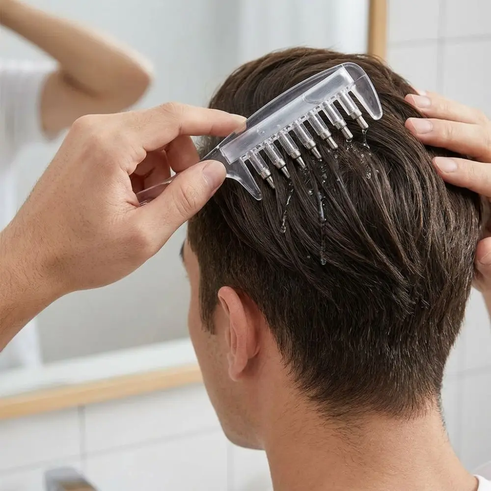 Transparent Scalp Liquid Guide Comb Anti-Frizz Rolling Metal Teeth Essential Oil Applicator with Visible Tank Reservoir
