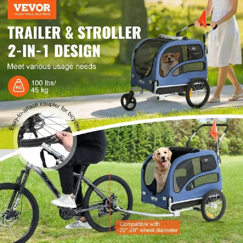 VEVOR Dog Bike Trailer, Supports up to 100 lbs, 2-in-1 Pet Stroller Cart Bicycle Carrier, Easy Folding Cart Frame with Quick Rel