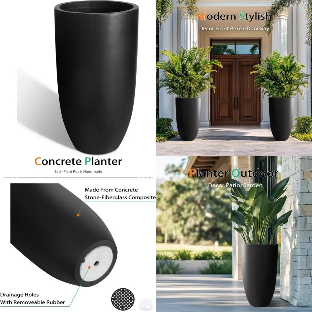

Large Outdoor Concrete Planters, 24 Inch Tall Flower Pots for Garden, Front Porch, Patio, and Indoor Use in Black