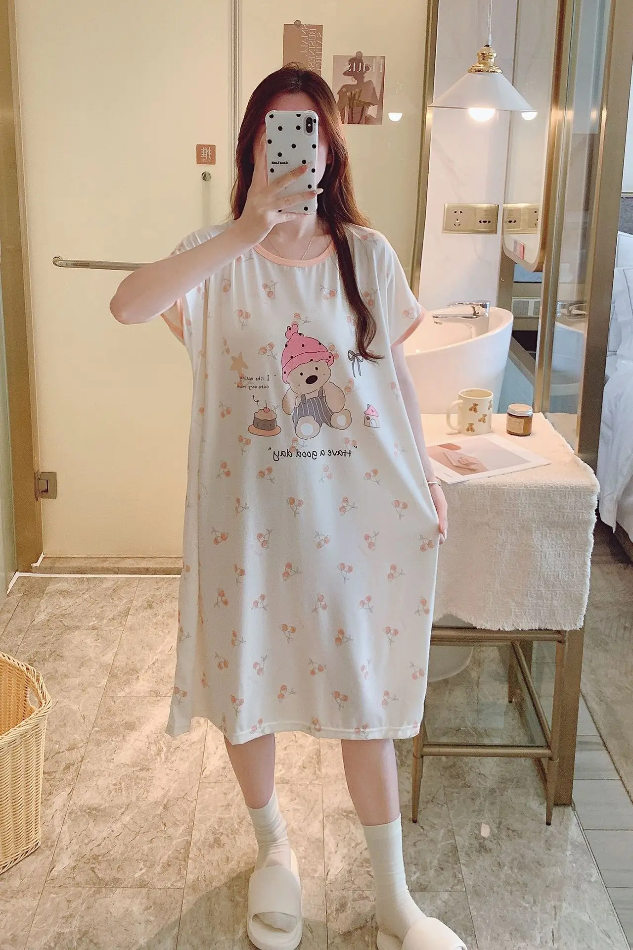 Cartoon-patterned women's summer short-sleeved loose nightgown with cute prints, Loungewear Dress