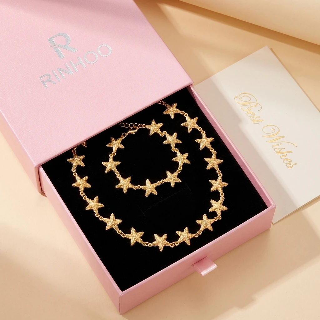 Boho Goldfarben Seestern Halskette und Armband Set für Frauen Strand Ozean Thema Kette Armreif Schmuck Sommer Urlaub Accessoires Geschenk – Detail 5