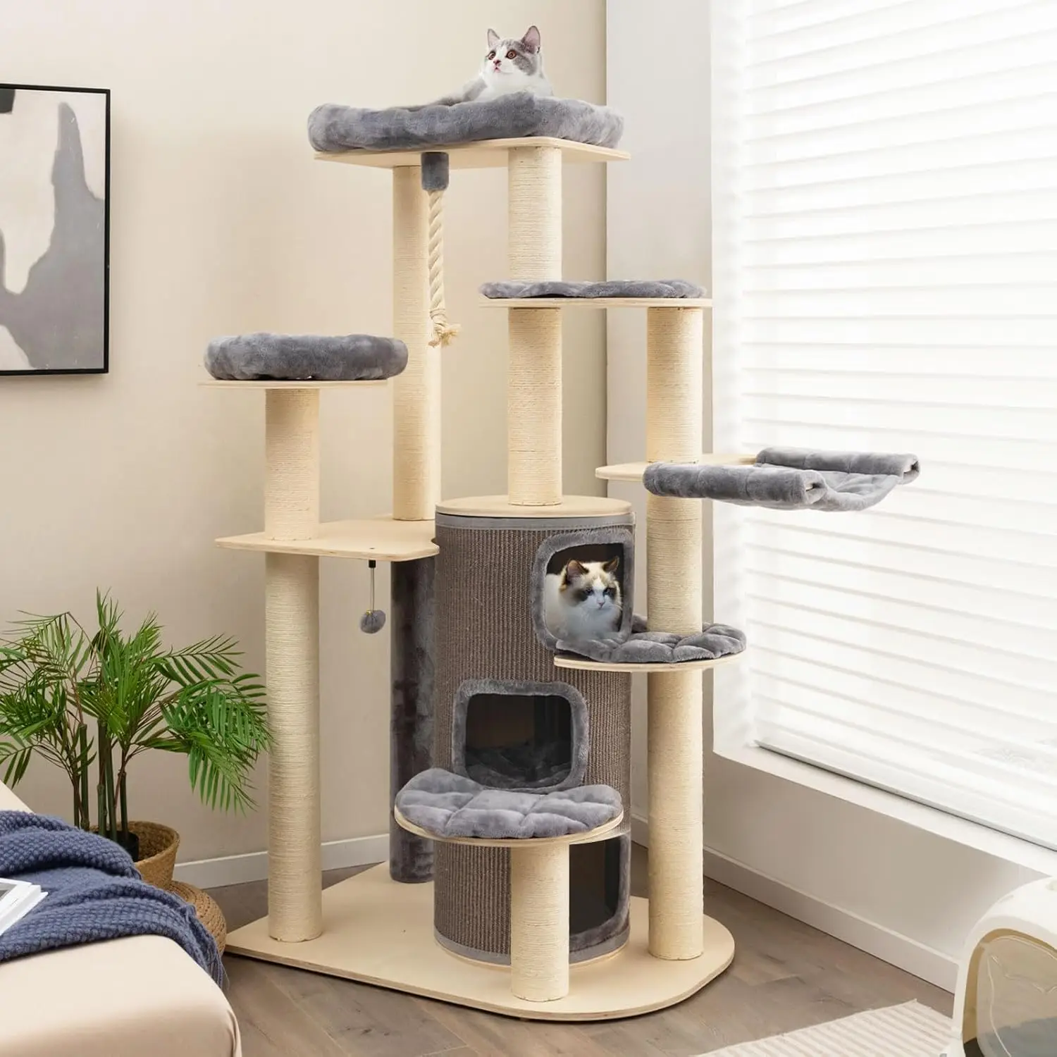 Tall Cat Tree, 67 Inches Wooden Multi-Level Cat Tower With 3-Story Cat Condo, 2 Perches, Scratching Posts, Platforms,