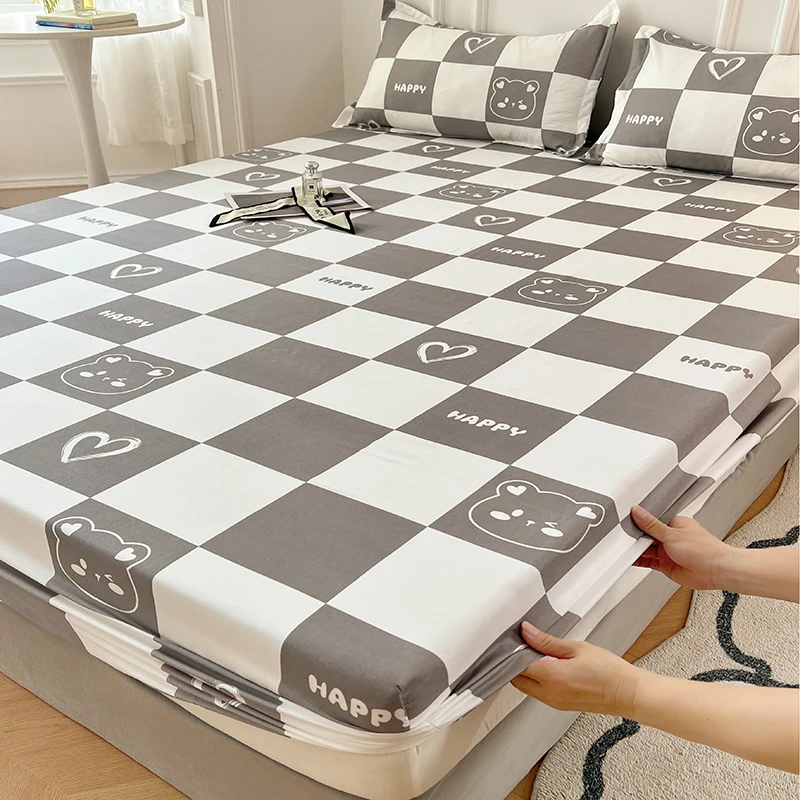 Classic Grey Checkerboard Fitted Sheet Set with 2 Pillowcases Heart and Letter Print Bedding Simple Cartoon Bear Fitted Sheet