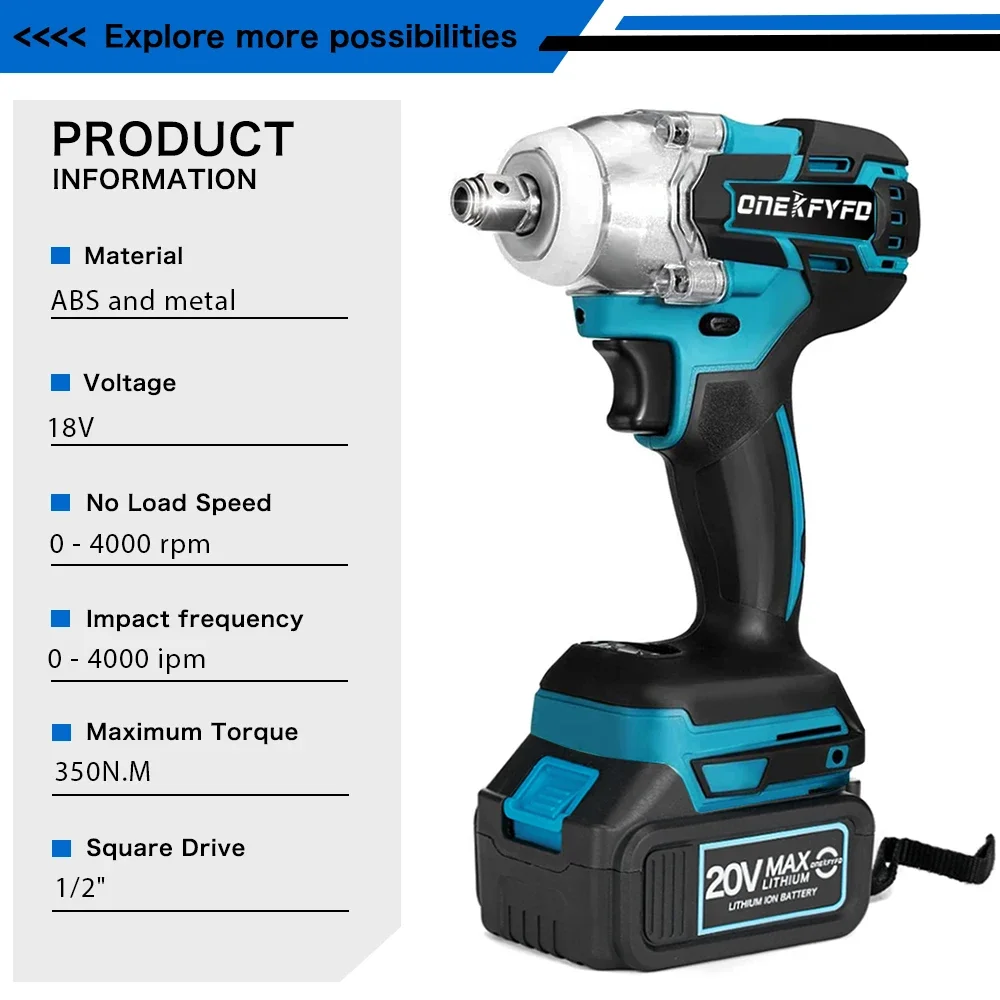 Imagem -02 - Chave Elétrica sem Fio sem Escova em Chaves de Fenda Bateria Li-ion Furadeira de Impacto Ferramenta Elétrica para Bateria Makita 18v 350n.m