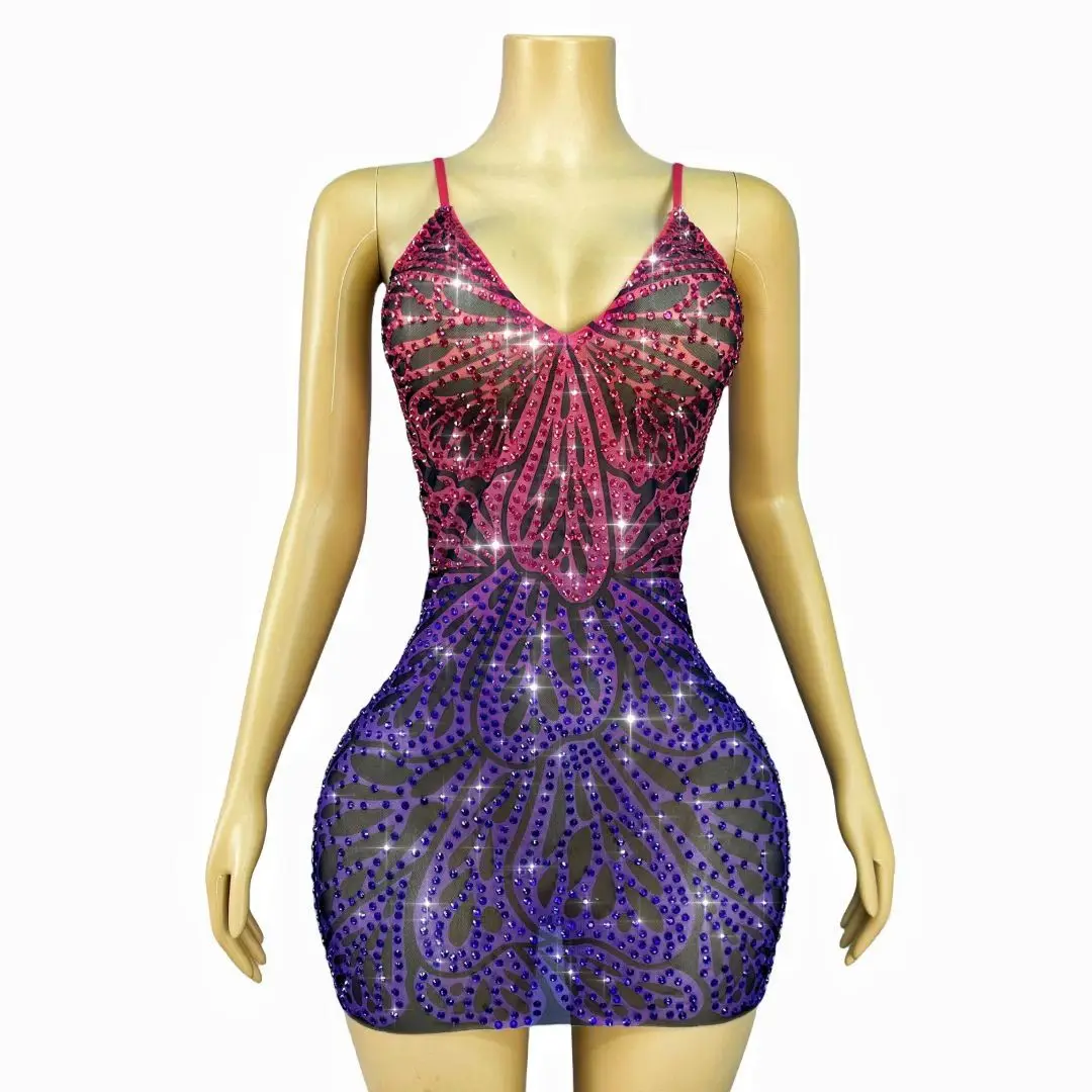 Huandie Sharon سعيد فساتين السهرة مثير شريط حزام منظور شبكة AB الماس أداء زي حفلة موسيقية كوكتيل رداء حفلات #2