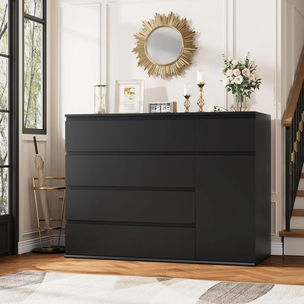 5 Drawer Dresser, Black Dresser Modern Dresser for TV Stand, Double Dresser Wide Storage Chests of Drawer with Door