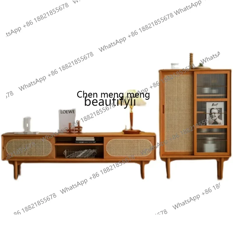 

xz1Japanese-Style Solid Wood Rattan TV Cabinet TV Cabinet Simple Small Apartment TV Stand Mid-Ancient Style Nordic Furniture
