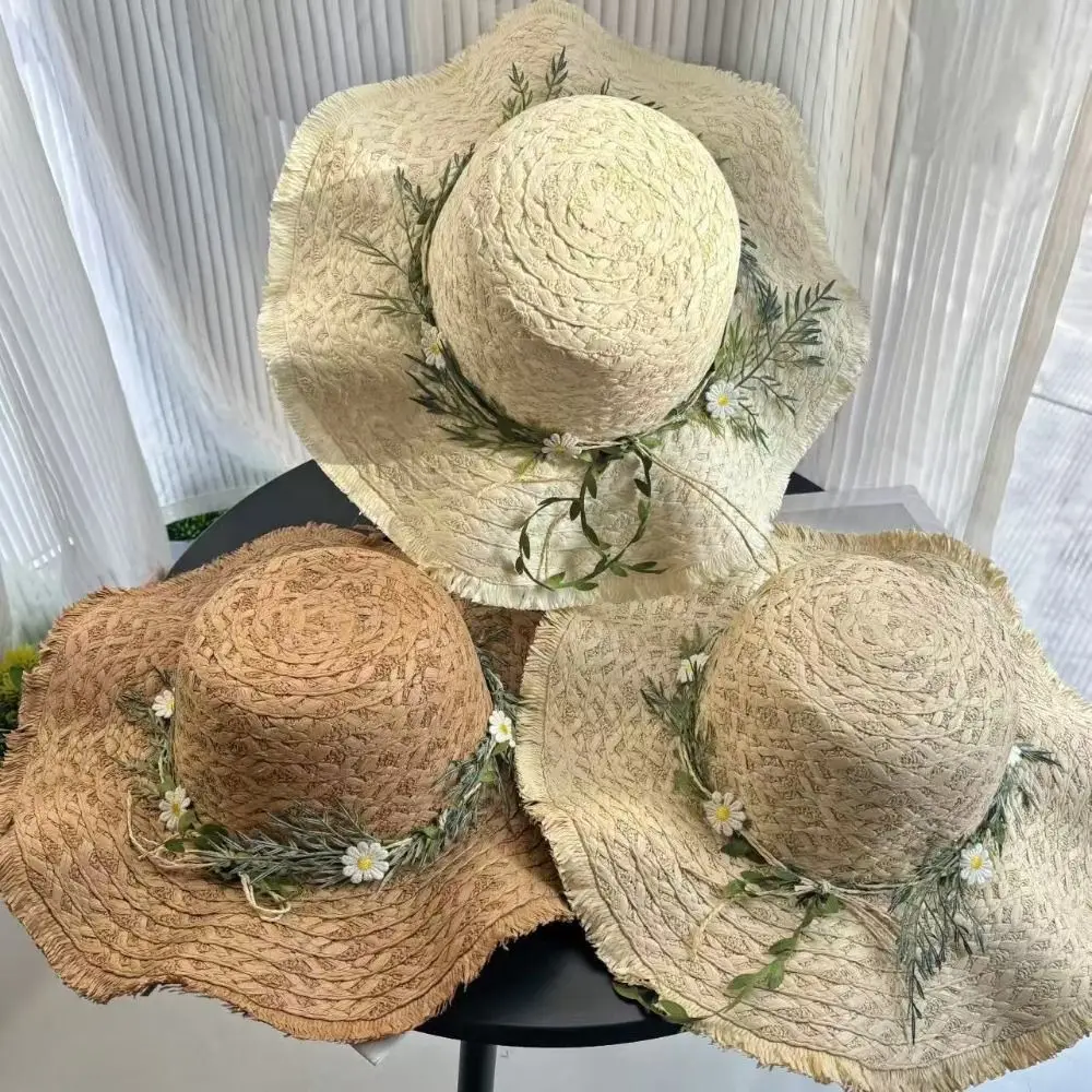 

Hand-woven Raffia Straw Hat Sun Protection Wide-brimmed Fisherman's Hat Chrysanthemum Design Casual Beach Hat For Summer Outings