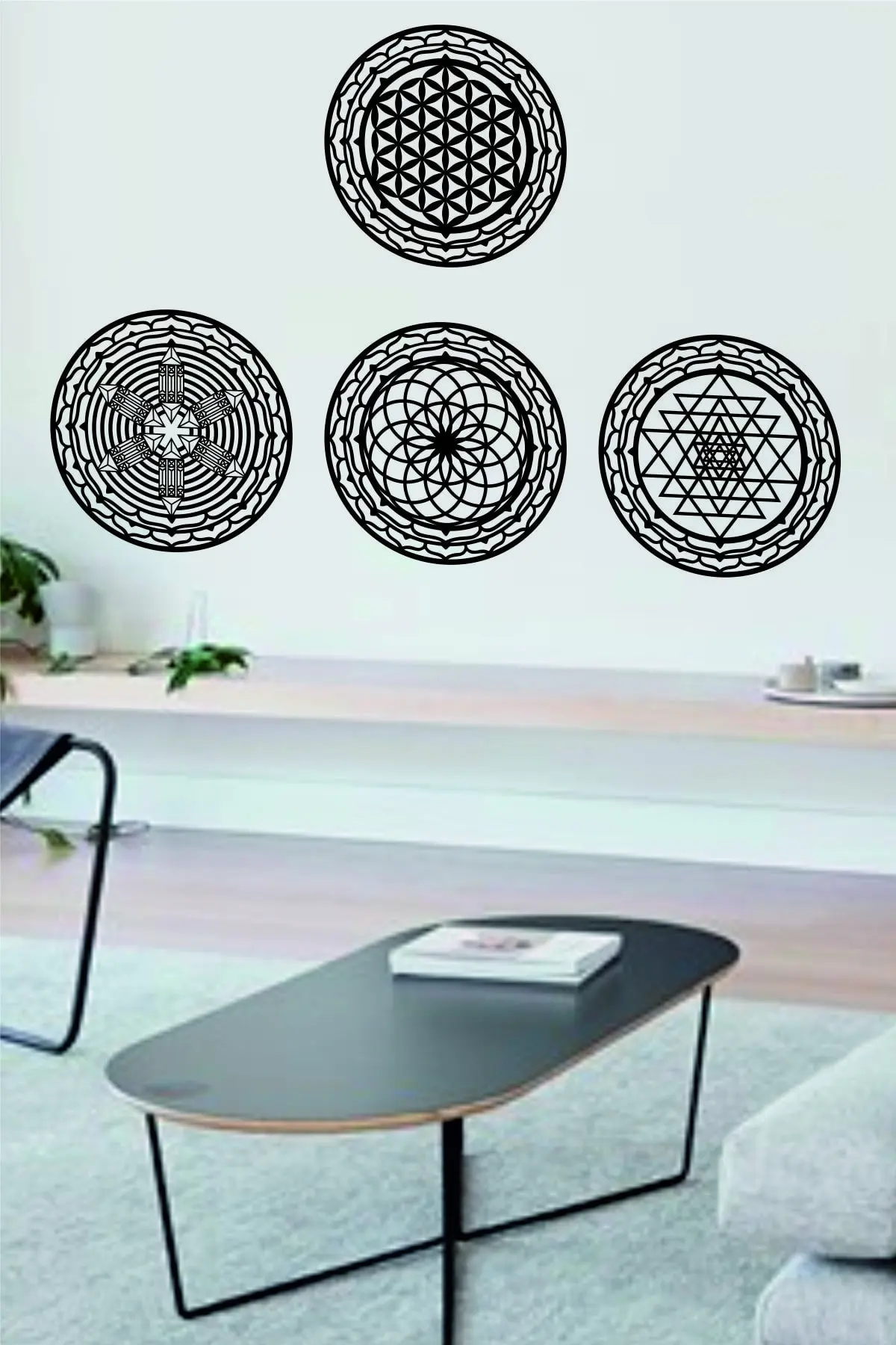 felt Wall Art Decor Life Cycle 30cm Diameter Set of 4 Flower of Life Torus Sri Yantra Atlantis Mandala Quadrant Black Color Modern Office New 3D Creative Stylish Living Room Bedroom Kitchen Decorative 2022 Quality Gift